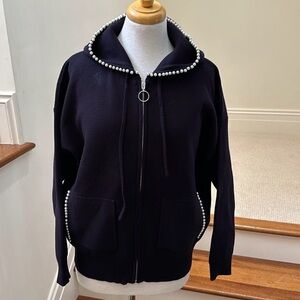 Sandro Paris Women's Hoodie Sweater Full Zip Pearl Trim Navy